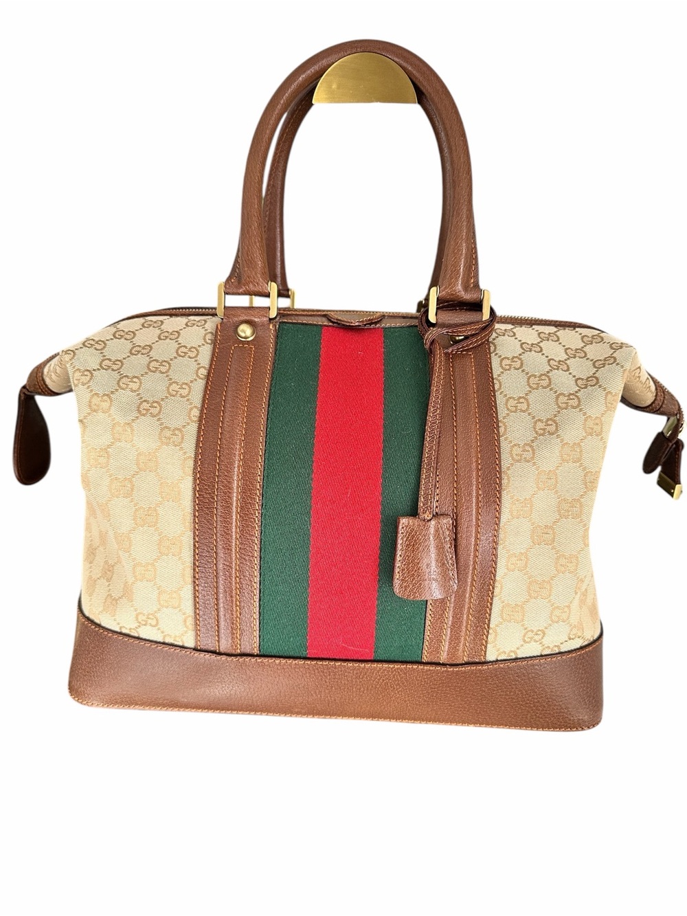 Gucci Beige Monogram Canvas Satchel with Red & Green Web Stripe